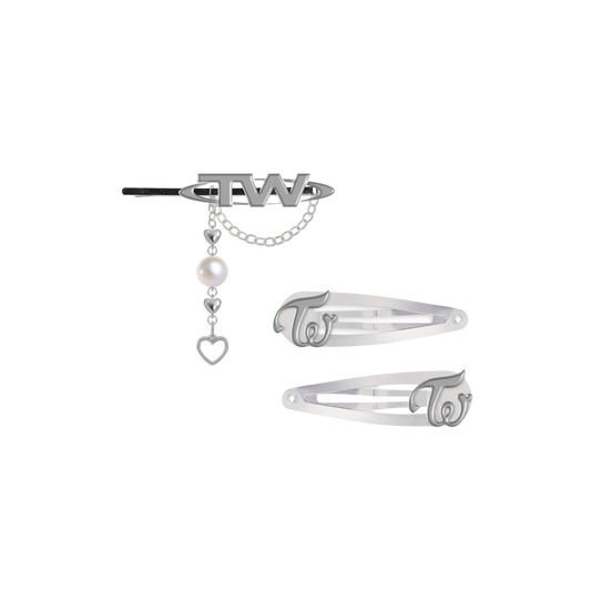 Metal hair pins including two different styles clips featuring TWICE logo designs with each pin measuring 3” wide.
