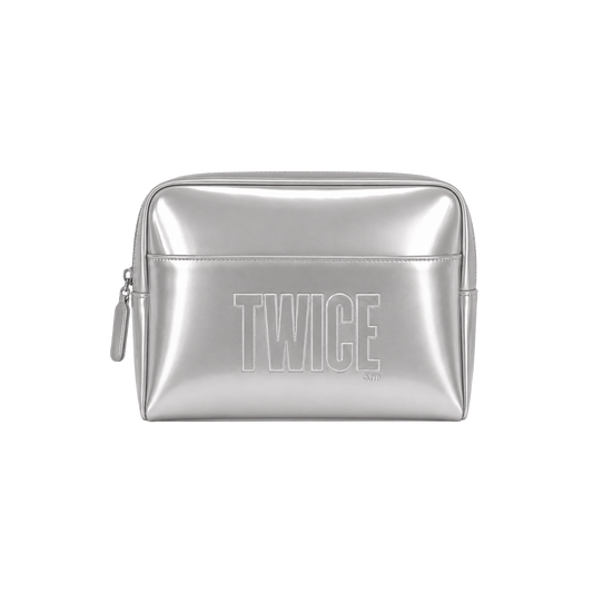 Silver metallic pouch cosmetic bag with  a TWICE logo embroidered on the front.